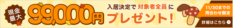 11/30までの問合せ限定 DOOR賃貸で入居を決めると対象の方全員に現金最大99,000円プレゼント!