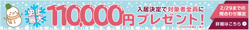 2/29までの問合せ限定 DOOR賃貸で入居を決めると対象の方全員に現金最大110,000円プレゼント!